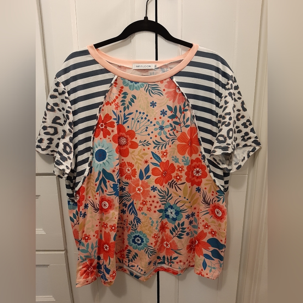 Miss Look top size 3XL pink and blue floral with black and white sleeves